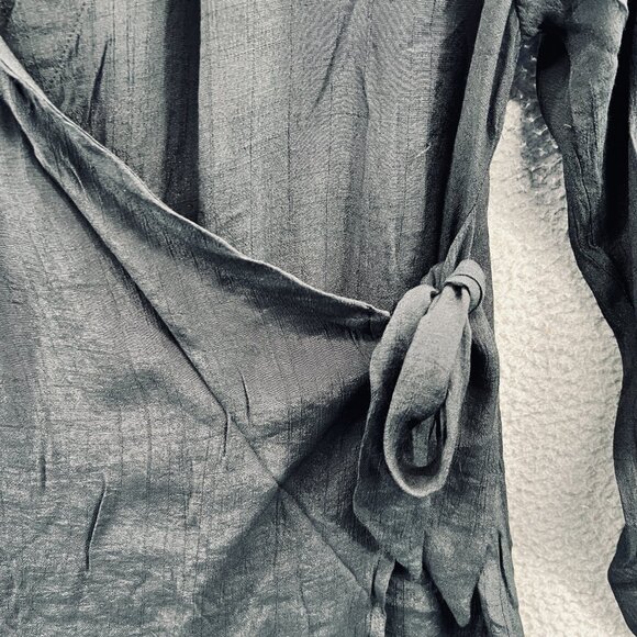 Time And Tru Womens Top Medium 8/10 Black Wrap Shirt 3/4 Sleeve Tie Waist Blouse - Picture 3 of 8